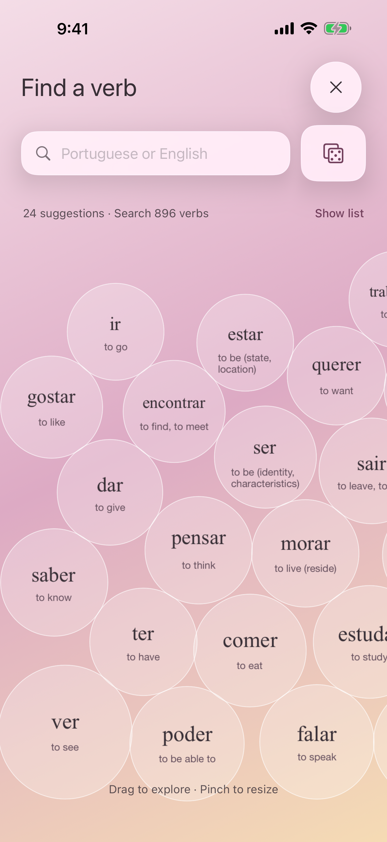 Find a verb: a searchable collection of 896 verbs, with Portuguese words and English meanings.