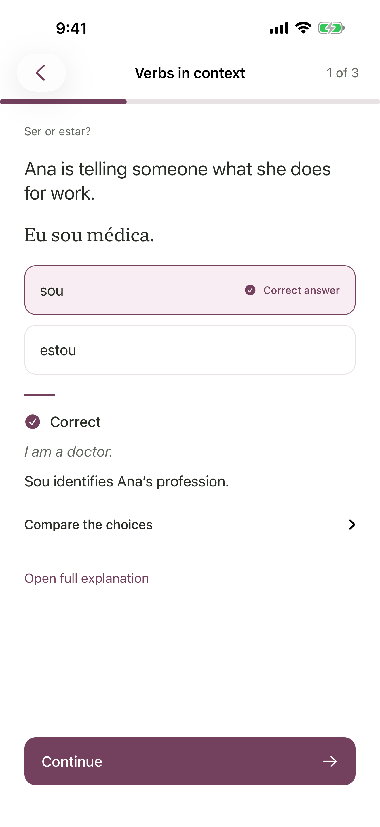 A Ser or estar lesson explains that sou identifies Ana’s profession in the sentence Eu sou médica, meaning I am a doctor.