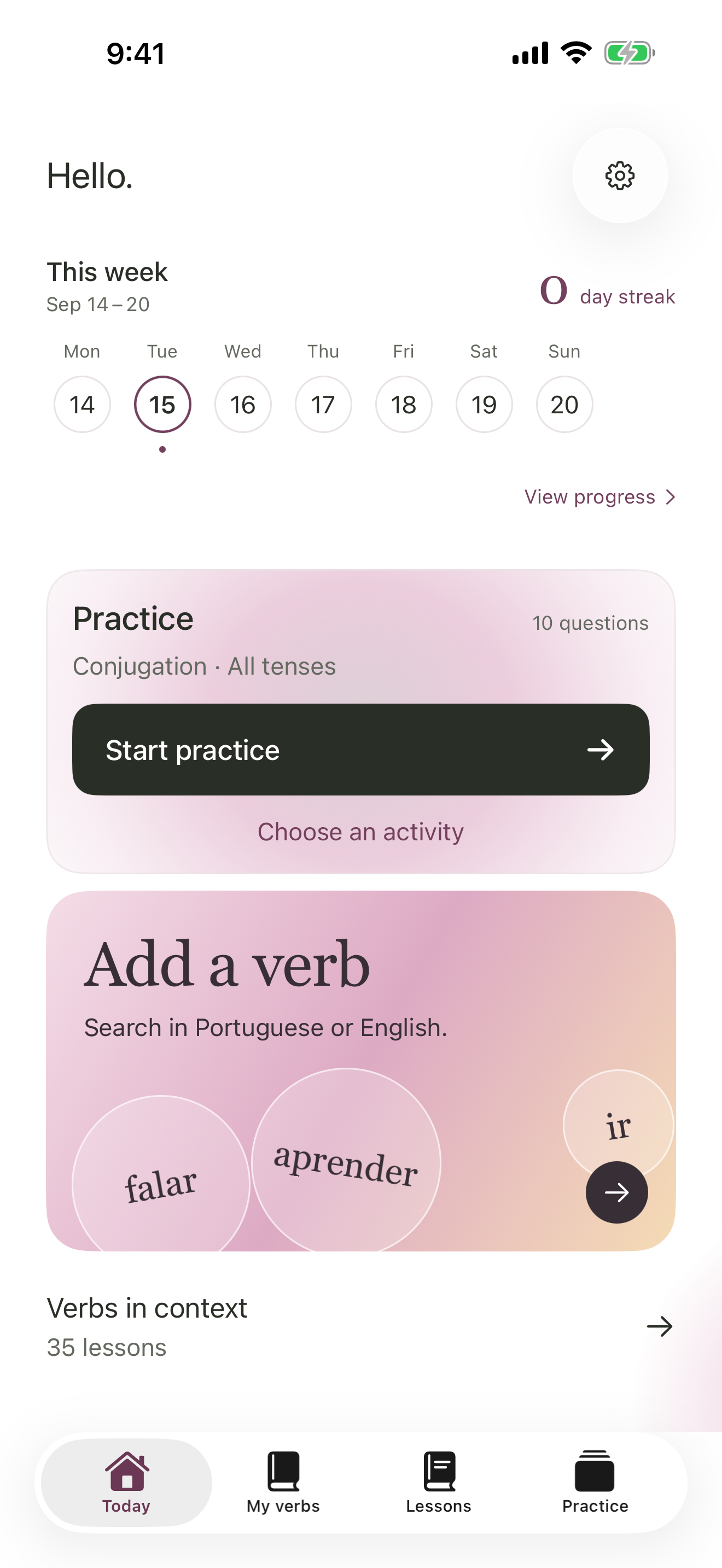 The Today screen, with a weekly practice calendar, Start practice, Add a verb, and Verbs in context.